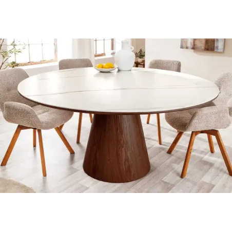 Table à manger ronde UNIQUE 120 cm – Plateau céramique blanc effet marbre & pied colonne noyer