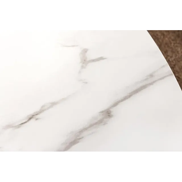 Table à manger ronde UNIQUE 120 cm – Plateau céramique blanc effet marbre & pied colonne noyer