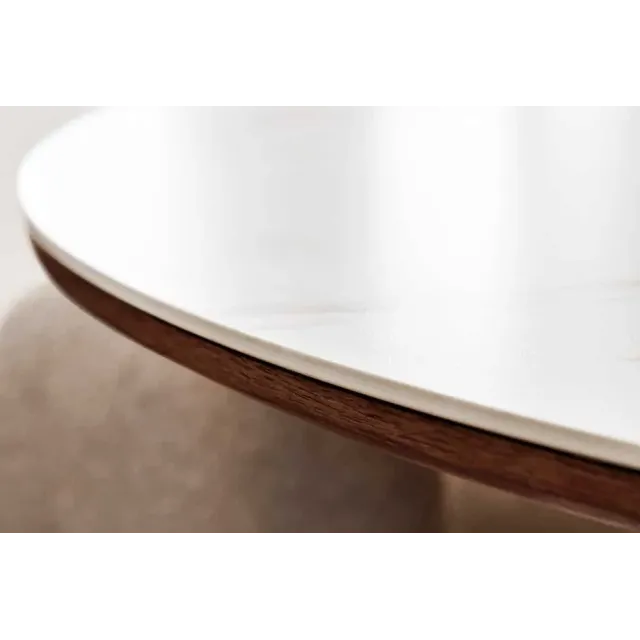 Table à manger ronde UNIQUE 120 cm – Plateau céramique blanc effet marbre & pied colonne noyer