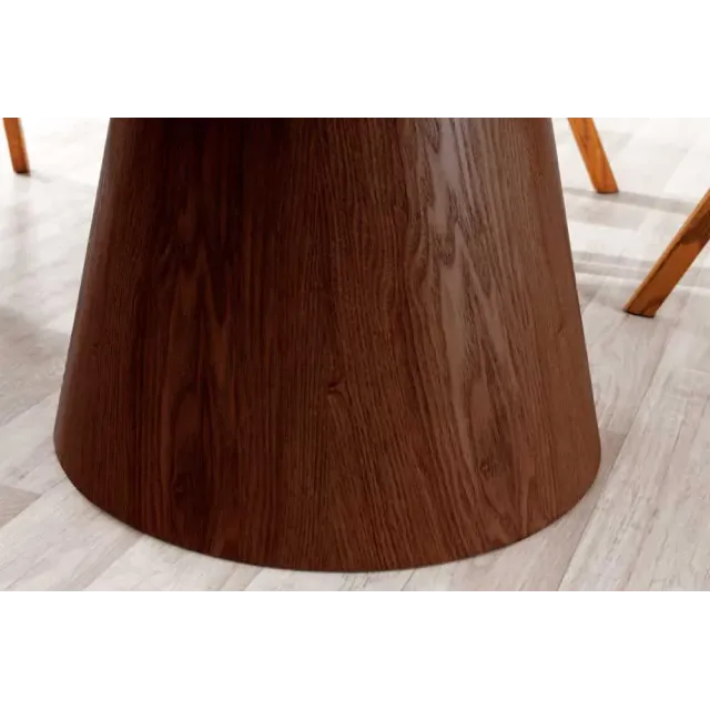 Table à manger ronde UNIQUE 120 cm – Plateau céramique blanc effet marbre & pied colonne noyer