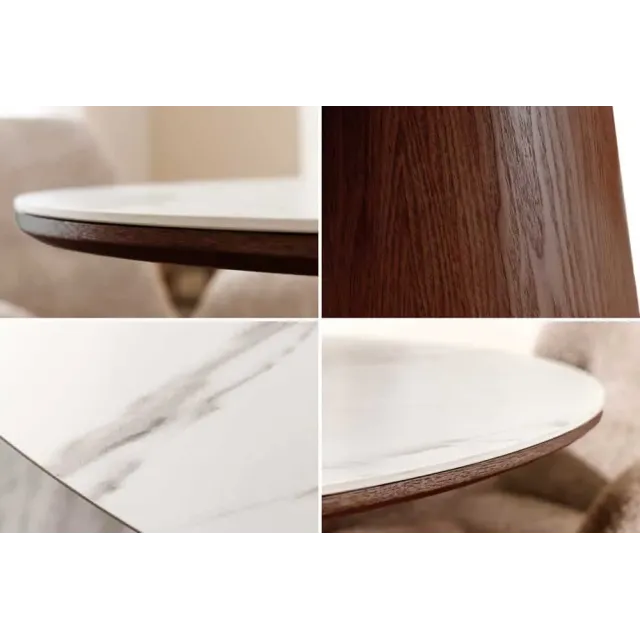 Table à manger ronde UNIQUE 120 cm – Plateau céramique blanc effet marbre & pied colonne noyer