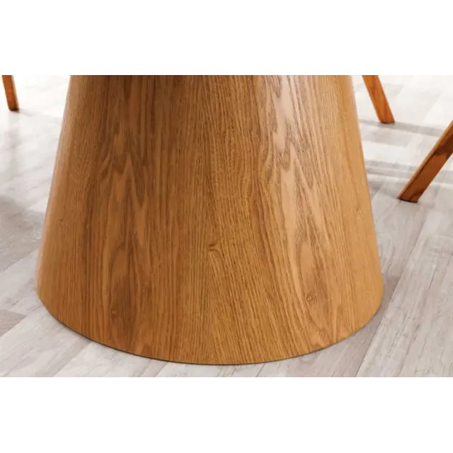 Table à manger ronde UNIQUE 120 cm – Plateau céramique blanc effet marbre & pied colonne en chêne naturel
