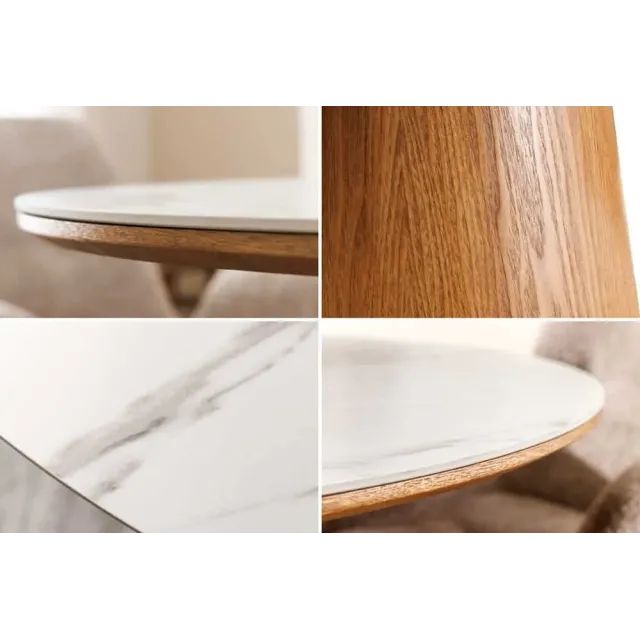 Table à manger ronde UNIQUE 120 cm – Plateau céramique blanc effet marbre & pied colonne en chêne naturel