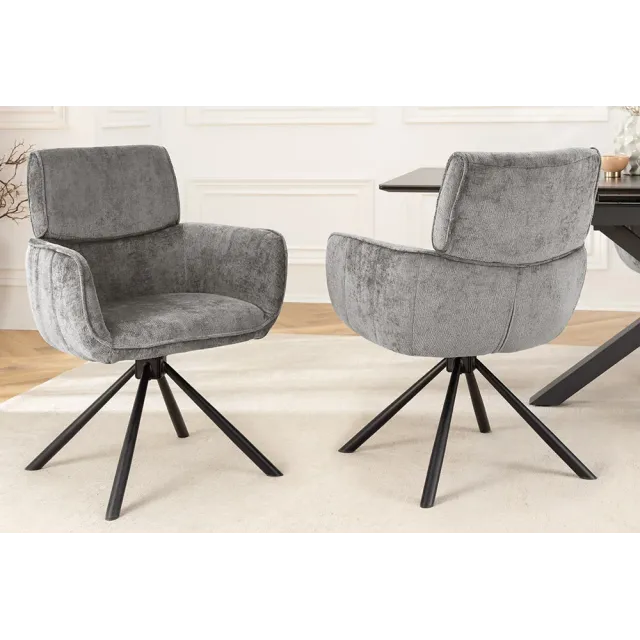 Chaise de salle à manger rétro pivotante UNIQUE – Chenille grise & piètement métal noir avec accoudoirs