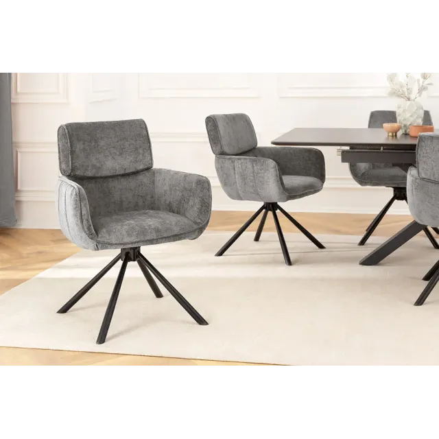 Chaise de salle à manger rétro pivotante UNIQUE – Chenille grise & piètement métal noir avec accoudoirs