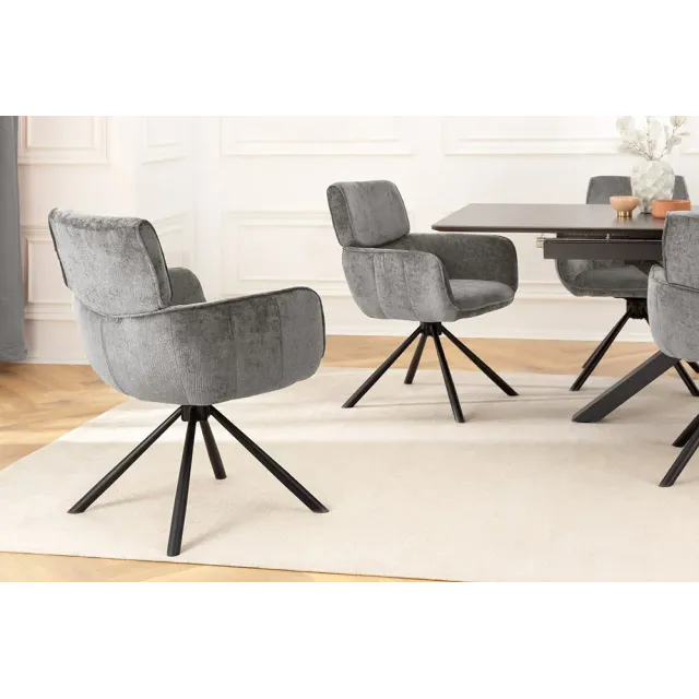 Chaise de salle à manger rétro pivotante UNIQUE – Chenille grise & piètement métal noir avec accoudoirs