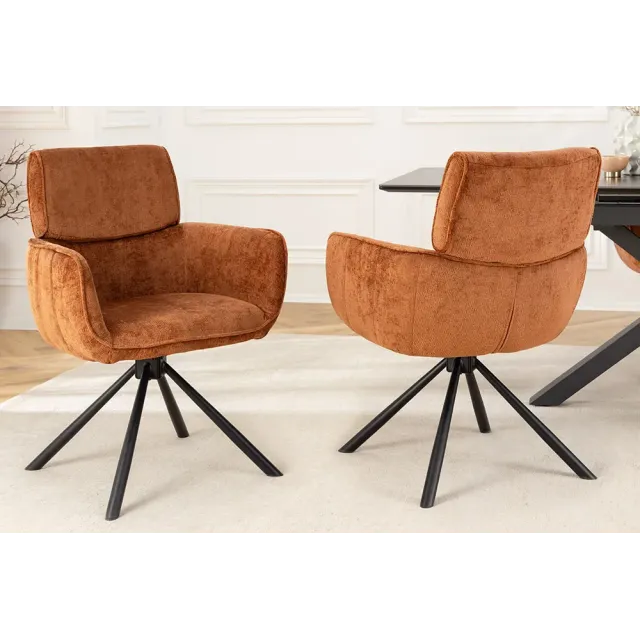 Chaise rétro pivotante UNIQUE – Revêtement chenille rouille/brun & pieds métal noir avec accoudoirs