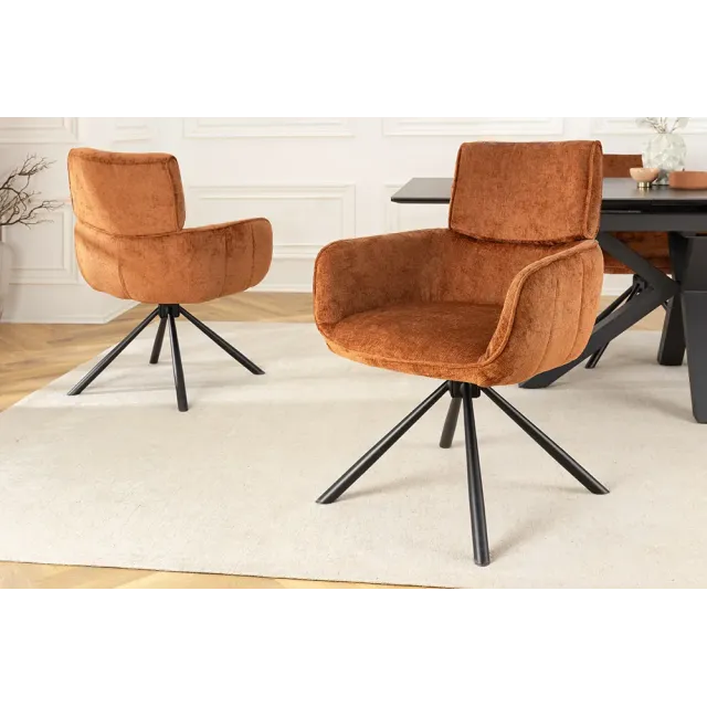 Chaise rétro pivotante UNIQUE – Revêtement chenille rouille/brun & pieds métal noir avec accoudoirs