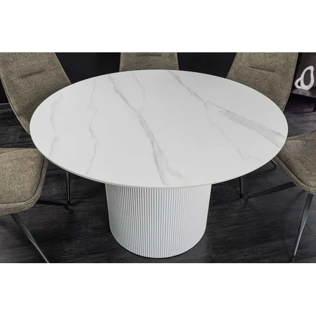 Table ronde en céramique blanche UNIQUE 120 cm – Design marbre & pied colonne élégant