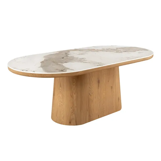 Table ovale en céramique blanche 200 cm – Design marbre & pied colonne en chêne