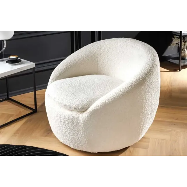 Fauteuil design ALPINE blanc – Fauteuil pivotant 360° en tissu bouclé avec accoudoirs