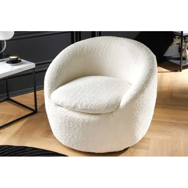 Fauteuil design ALPINE blanc – Fauteuil pivotant 360° en tissu bouclé avec accoudoirs