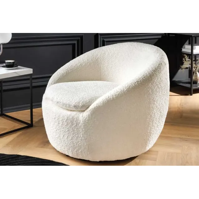 Fauteuil design ALPINE blanc – Fauteuil pivotant 360° en tissu bouclé avec accoudoirs