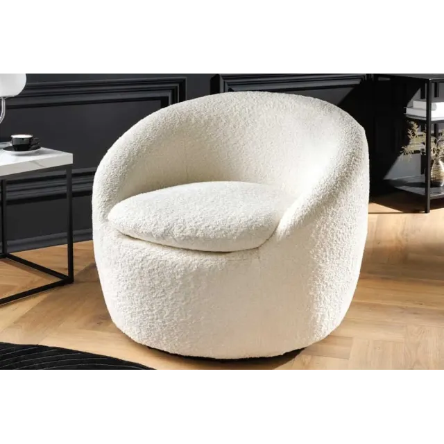 Fauteuil design ALPINE blanc – Fauteuil pivotant 360° en tissu bouclé avec accoudoirs