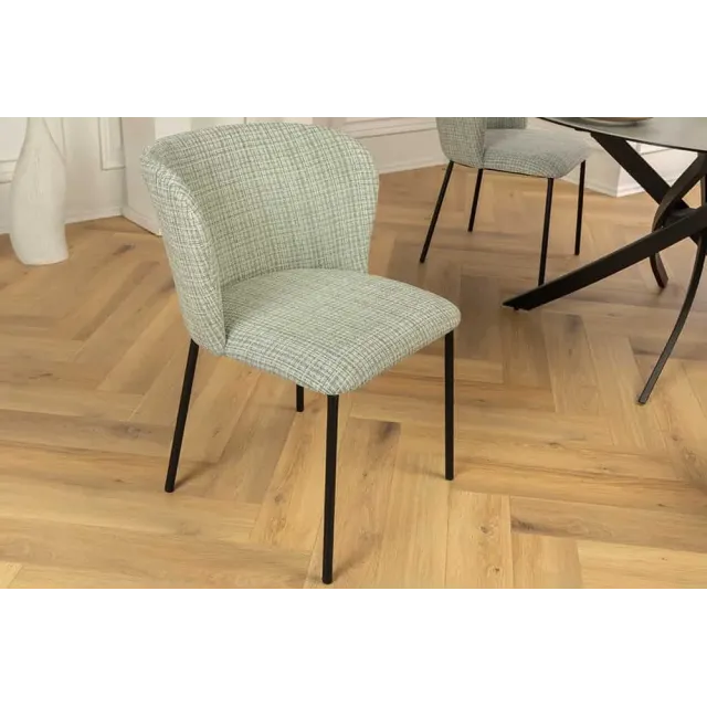 Chaise design LYON – Tissu bouclé à carreaux vert et rose, pieds en métal noir, style rétro revisité