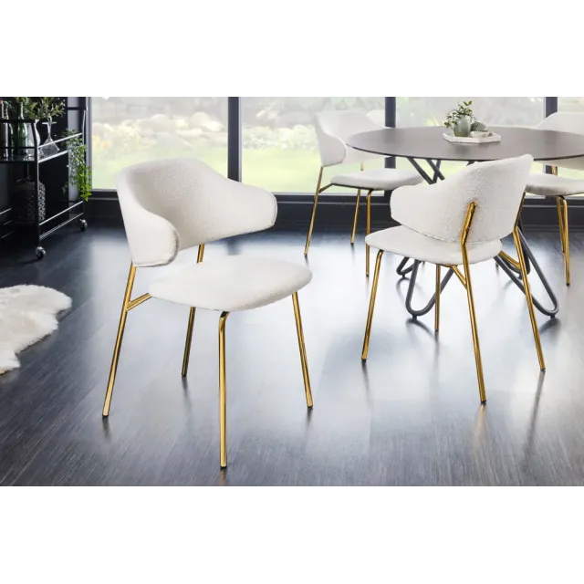 Chaise design VOGUE – Tissu bouclé blanc avec structure en métal doré | Élégance & confort