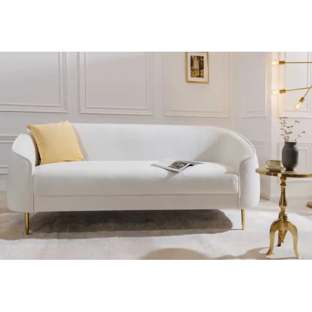 Canapé design 3 places DIVA – 205 cm en bouclé blanc avec pieds en métal doré | Confort & élégance