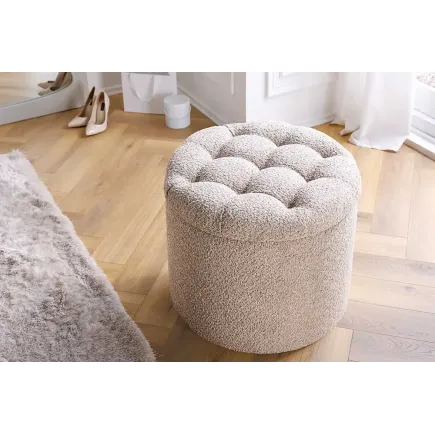 Pouf rond MODERN BAROCK – 50 cm en tissu bouclé champagner avec espace de rangement intégré