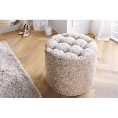 Pouf rond MODERN BAROCK – 50 cm en tissu bouclé champagner avec espace de rangement intégré