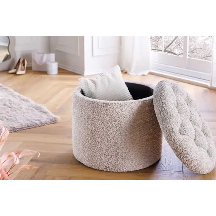 Pouf rond MODERN BAROCK – 50 cm en tissu bouclé champagner avec espace de rangement intégré 2