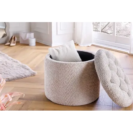 Pouf rond MODERN BAROCK – 50 cm en tissu bouclé champagner avec espace de rangement intégré