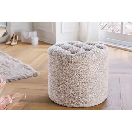 Pouf rond MODERN BAROCK – 50 cm en tissu bouclé champagner avec espace de rangement intégré