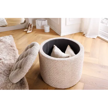 Pouf rond MODERN BAROCK – 50 cm en tissu bouclé champagner avec espace de rangement intégré