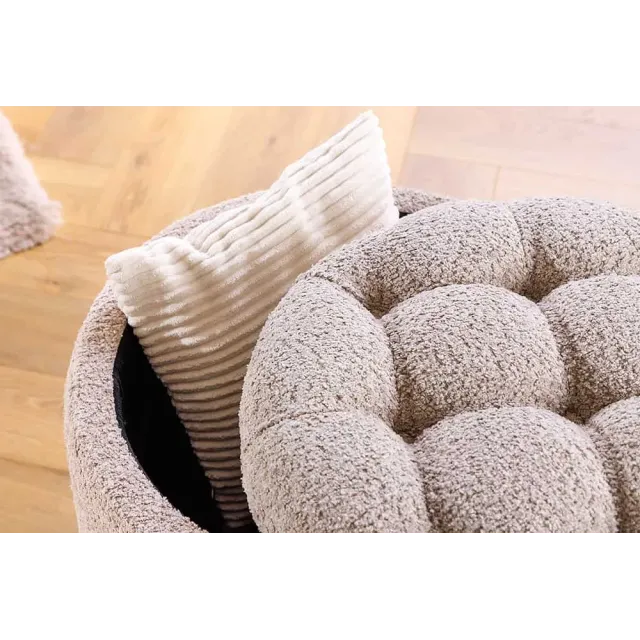Pouf rond MODERN BAROCK – 50 cm en tissu bouclé champagner avec espace de rangement intégré