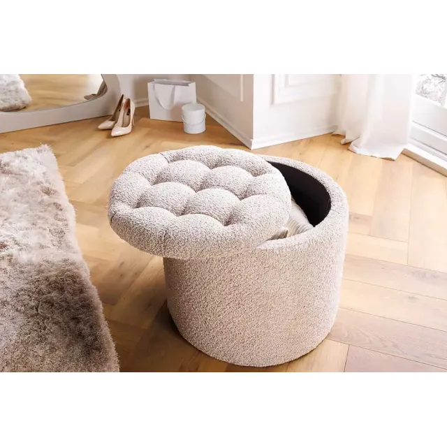 Pouf rond MODERN BAROCK – 50 cm en tissu bouclé champagner avec espace de rangement intégré