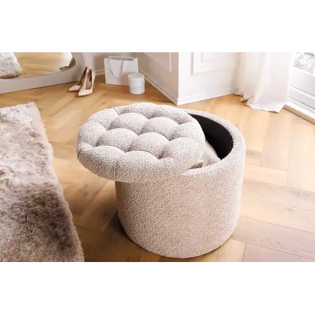 Pouf rond MODERN BAROCK – 50 cm en tissu bouclé champagner avec espace de rangement intégré