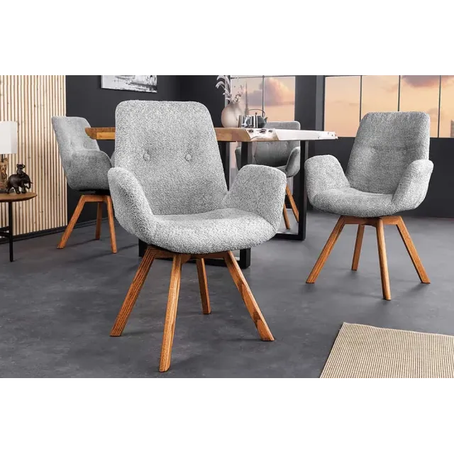 Chaise design BALTIC pivotante – Bouclé gris, pieds en chêne naturel | Élégance scandinave & confort 360°