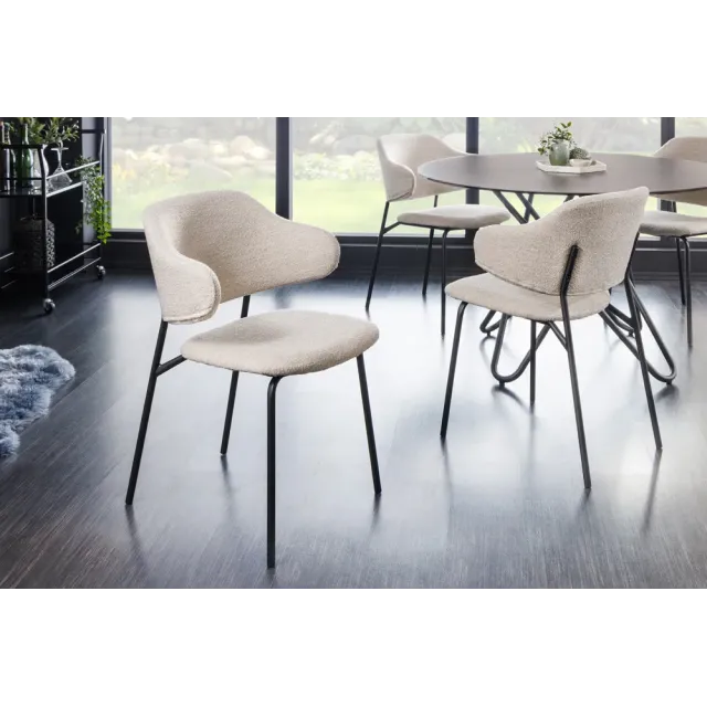 Chaise design VOGUE – Bouclé greige & pieds en métal noir mat | Élégance contemporaine et confort