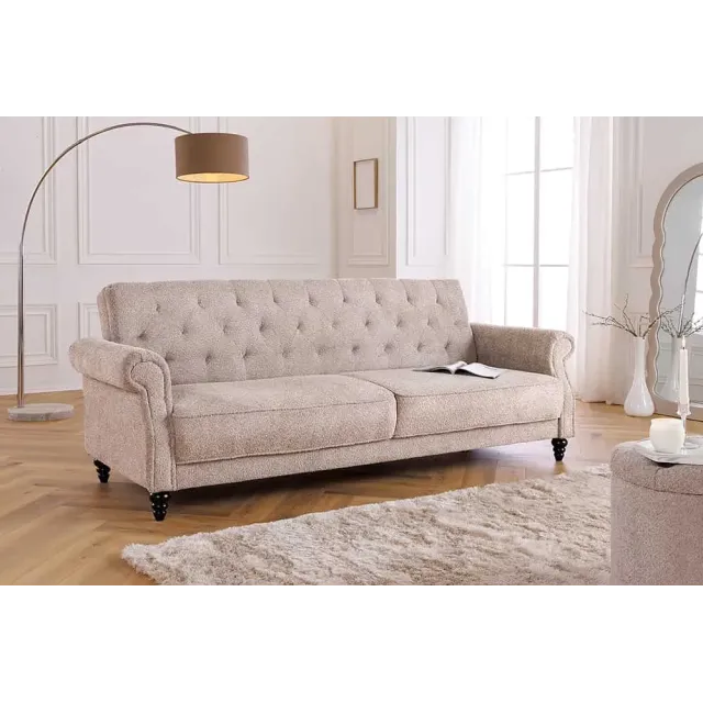 Canapé 3 places MAISON BELLE AFFAIRE – Style Chesterfield en bouclé greige, avec fonction lit et dossier inclinable