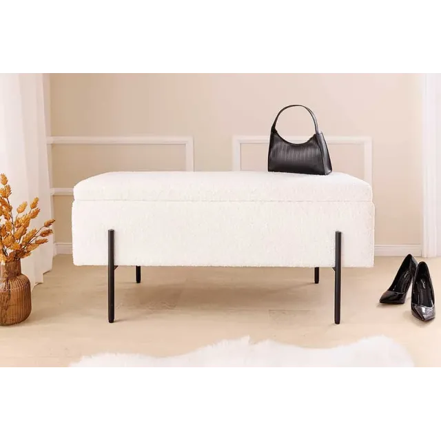 Banquette coffre moderne LOFT – 100 cm – Tissu bouclé blanc & structure métal noir | Assise confortable avec rangement intégré