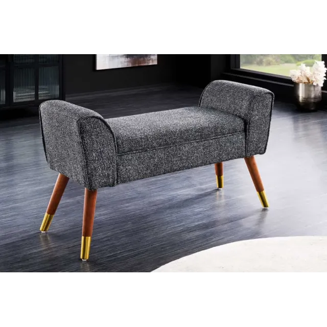 Banquette rétro SCARLETT – 90 cm – Tissu bouclé anthracite avec accoudoirs | Pieds bois & métal doré