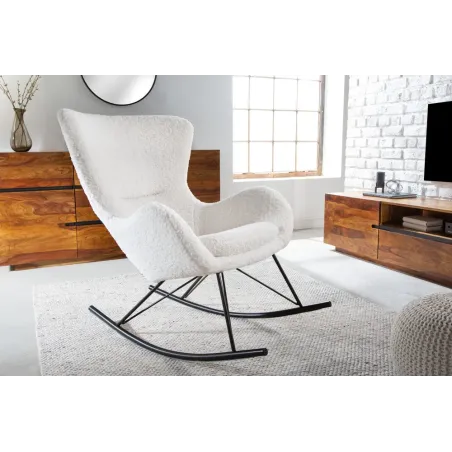 Fauteuil à bascule SCANDINAVIA – Bouclé blanc & métal noir – Design scandinave et confort moderne