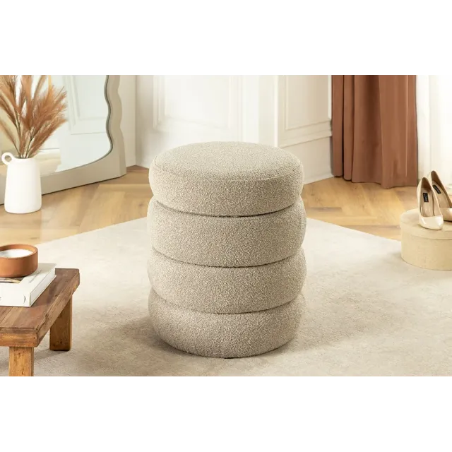 Pouf rond VOGUE en bouclé taupe – 50 cm – Siège confortable avec espace de rangement intégré