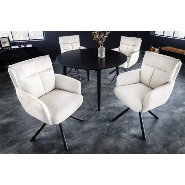 Fauteuil pivotant BIG GEORGE – Style rétro en bouclé blanc avec assise à ressorts Bonell et pieds métal noir