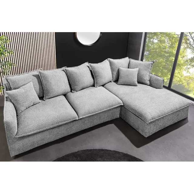 Canapé d’angle HEAVEN 255 cm – Bouclé gris, assise à ressorts Nosag, 8 coussins inclus