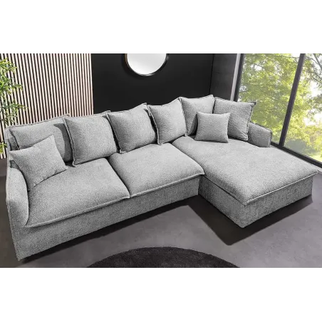 Canapé d’angle HEAVEN 255 cm – Bouclé gris, assise à ressorts Nosag, 8 coussins inclus