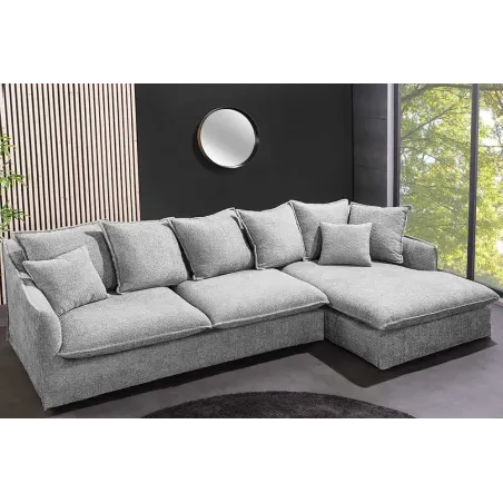 Canapé d’angle HEAVEN 255 cm – Bouclé gris, assise à ressorts Nosag, 8 coussins inclus