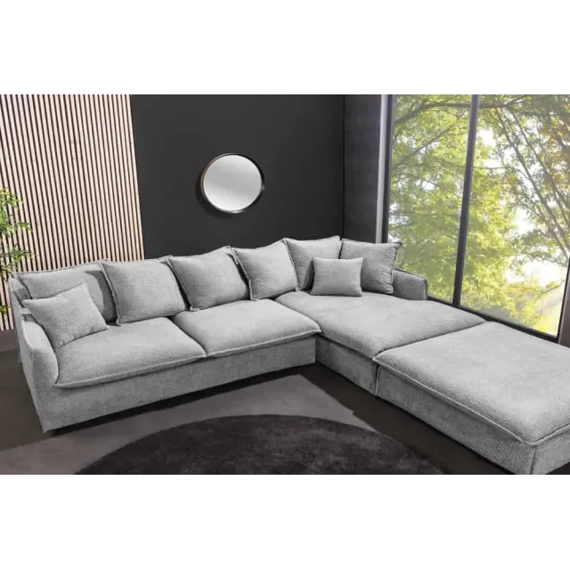 Canapé d’angle HEAVEN 255 cm – Bouclé gris, assise à ressorts Nosag, 8 coussins inclus