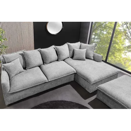 Canapé d’angle HEAVEN 255 cm – Bouclé gris, assise à ressorts Nosag, 8 coussins inclus