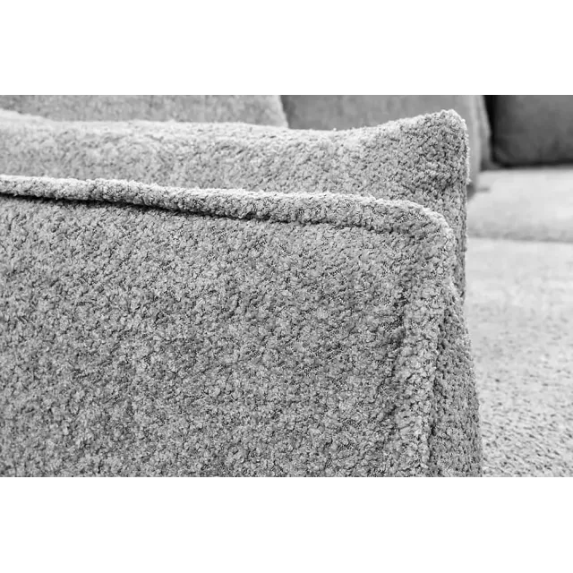 Canapé d’angle HEAVEN 255 cm – Bouclé gris, assise à ressorts Nosag, 8 coussins inclus