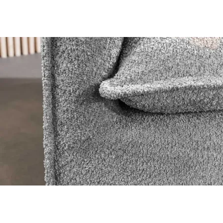 Canapé d’angle HEAVEN 255 cm – Bouclé gris, assise à ressorts Nosag, 8 coussins inclus