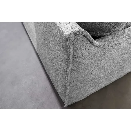 Canapé d’angle HEAVEN 255 cm – Bouclé gris, assise à ressorts Nosag, 8 coussins inclus