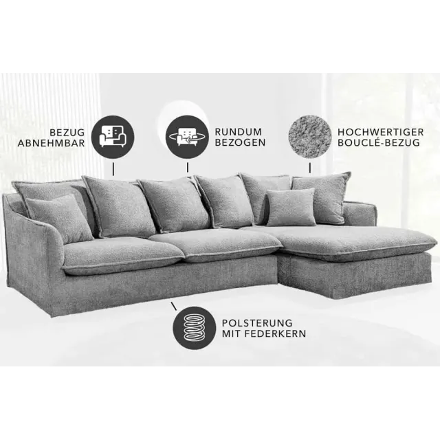 Canapé d’angle HEAVEN 255 cm – Bouclé gris, assise à ressorts Nosag, 8 coussins inclus