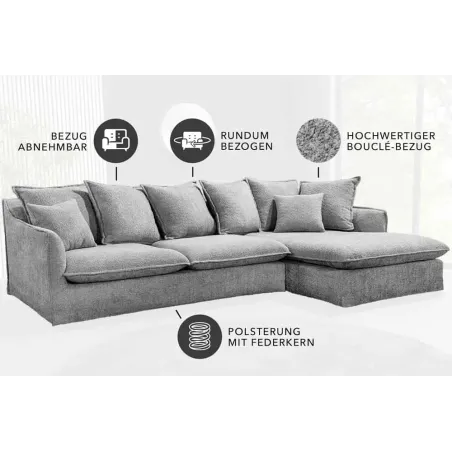 Canapé d’angle HEAVEN 255 cm – Bouclé gris, assise à ressorts Nosag, 8 coussins inclus