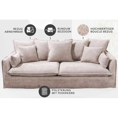 Canapé HEAVEN 3 places – 200 cm – Tissu bouclé champagner beige, coussins inclus, assise à ressorts Nosag