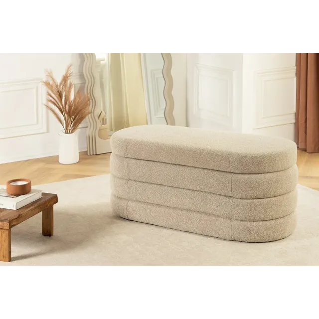 Banquette capitonnée VOGUE – 115 cm – Tissu bouclé taupe avec coffre de rangement intégré